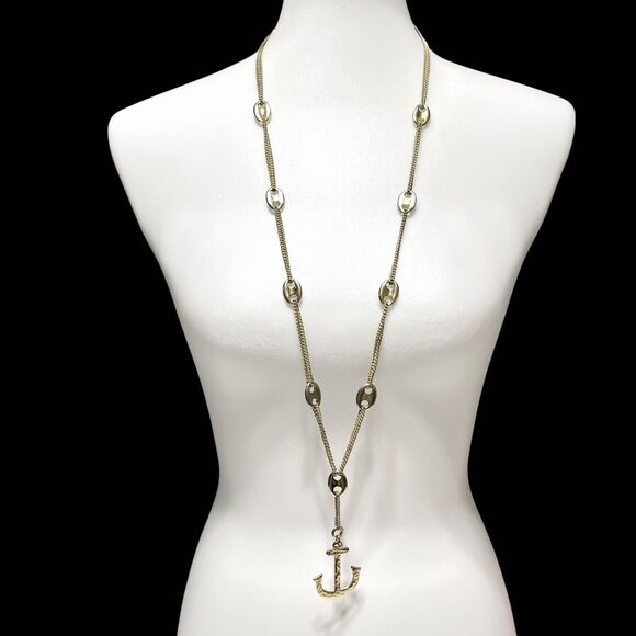 Anchor Necklace Y Drop Gold Tone Nautical Textured Pendant Statement Retro Beach - Picture 1 of 6